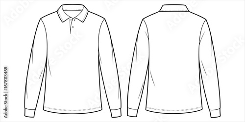 Front and back view of a white long-sleeved polo shirt with collar and buttons apparel clothing