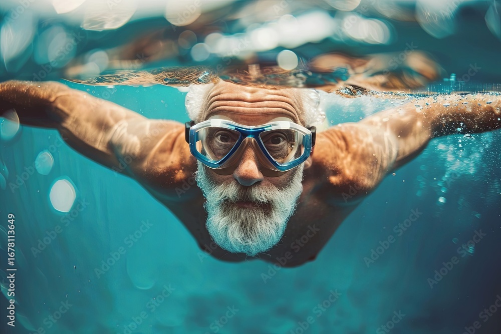 Naklejka premium Older man enjoys peaceful underwater swimming in ocean. Serene atmosphere captures adventurous spirit during daytime.