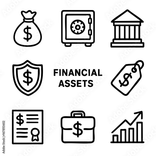 A set of doodle line icons depicting financial assets including money, bank, briefcase, price tag, contract, chart, and security