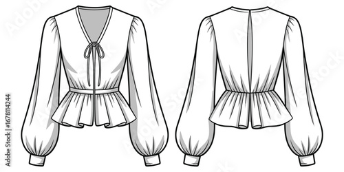Front and back view of a white peasant blouse with tie neck and balloon sleeves clothing apparel