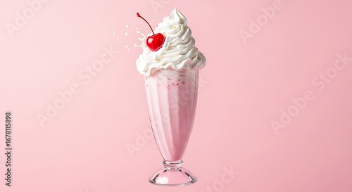 Delicious pink milkshake with whipped cream and a cherry on top against a pink background