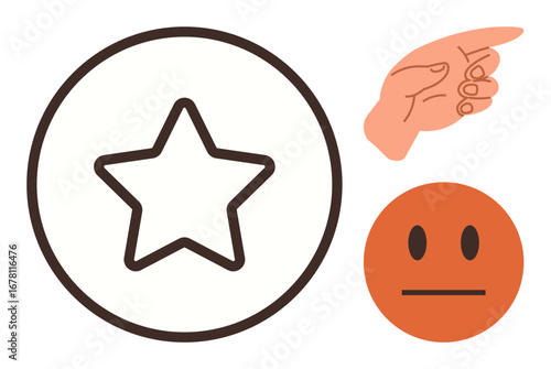 Star in outlined circle, index finger pointing, orange neutral face symbolizing feedback review, evaluation, and decisions. Ideal for feedback, ratings, user experience, voting criticism