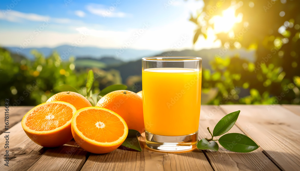 Fototapeta premium Refreshing glass of fresh orange juice with ripe fruit on wood table. Healthy natural beverage with bright sun and green summer landscape