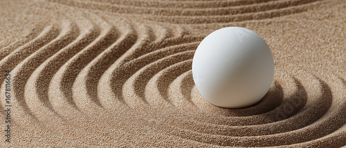 soothing zen garden close-up showing pure white orb resting in detailed sand grooves, high-resolution minimalist photography for wellness and spa concepts  