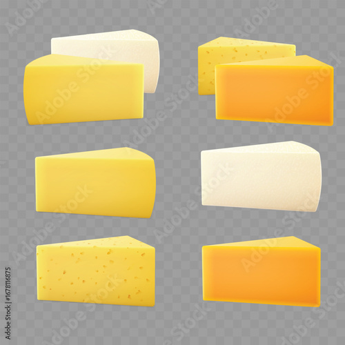 Realistic 3D cheese wedges set collection of various types. Vector
