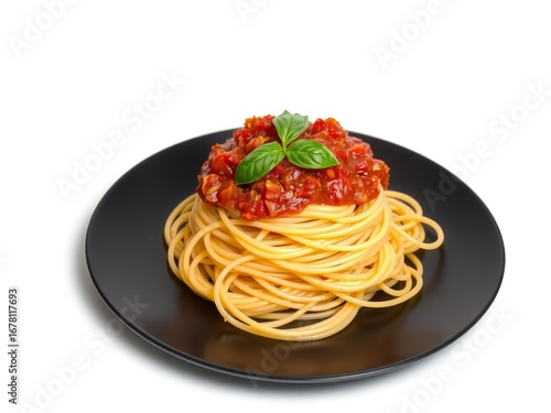 Delicious spaghetti bolognese with fresh basil garnish on a black plate