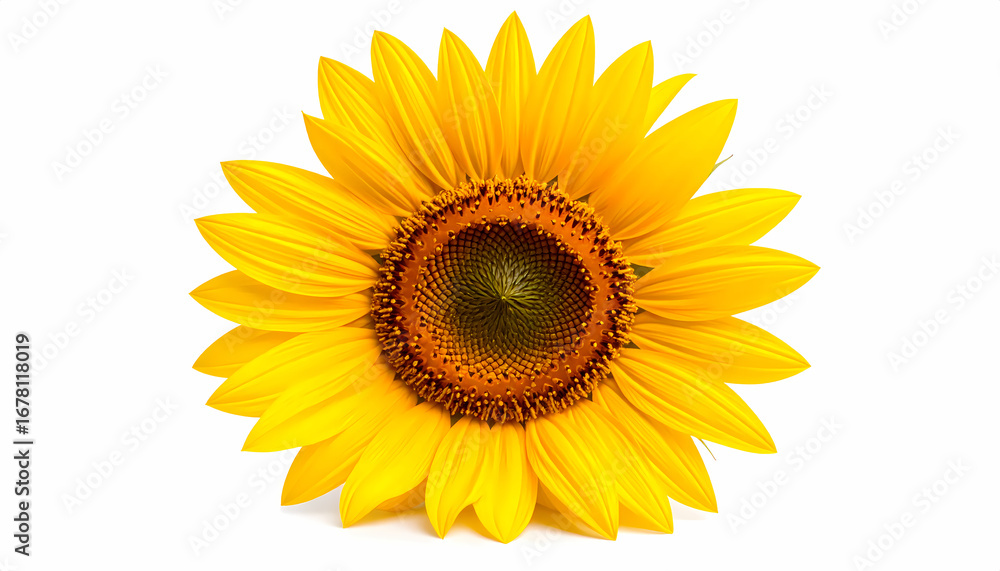 Obraz premium Cheerful yellow sunflower head with bright petals. single beautiful flower isolated on white background, symbol of nature and summer