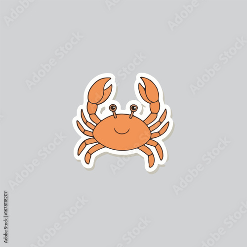 Cartoon illustration of a happy, orange crab with a white outline on a light gray background.