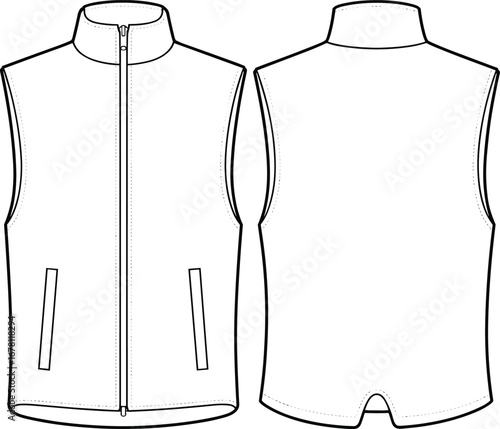 Front and back view of a white sleeveless zip-up vest with pockets clothing apparel