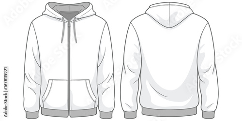 Front and back view of a white zip-up hoodie with kangaroo pocket and hood Keywords: hoodie