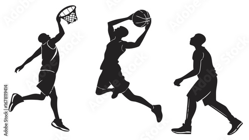 Basketball players in action, jumping, dunking, shooting