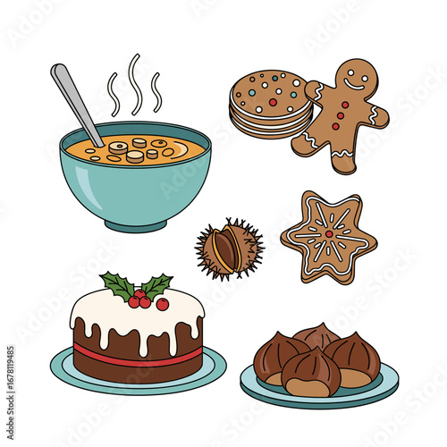 A delightful set of comforting autumn and winter foods, including warm soup, gingerbread, Christmas cake, and chestnuts, perfect for festive designs.