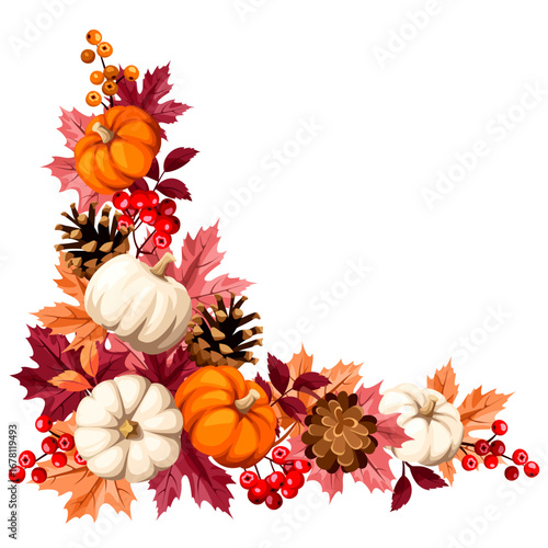 Autumn corner design element with red and orange autumn leaves, pumpkins, pine cones, and rowanberries. Vector fall leaves corner frame