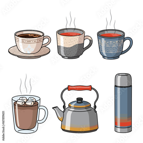 A set of hot drinks: coffee, tea, and hot chocolate with marshmallows, a kettle, and a thermos, ideal for cozy warmth.