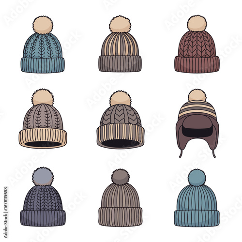 An illustrative array of warm, stylish knitted winter hats featuring diverse textures and pom-poms, ideal for cold weather fashion and accessory designs.