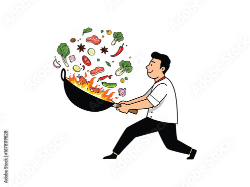 A surprised man cooks, his wok ablaze with food, a vibrant culinary scene