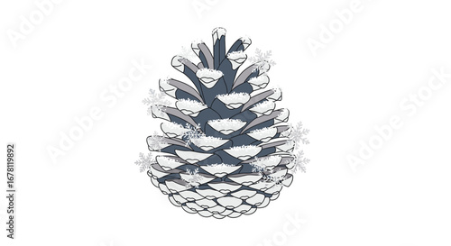 A beautifully rendered illustration of a natural pinecone covered in delicate white snow, perfect for winter holiday designs and seasonal greeting cards.