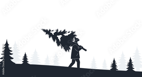 A solitary individual carries a large, freshly cut evergreen tree over their shoulder, traversing a tranquil, snow-covered forest during the festive winter season.