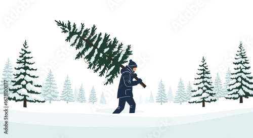 A person in warm winter attire carries a freshly cut evergreen Christmas tree through a serene, snow-covered forest landscape, preparing for the festive season.