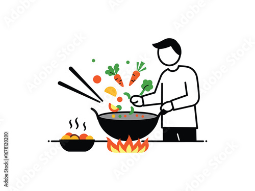 Simple line icon of a surprised man who cooks, his wok ablaze with food