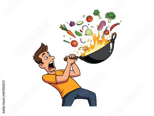 A surprised man cooks, his wok ablaze with food, an illustration
