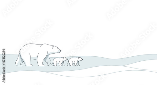 A minimalist cartoon illustration depicts a majestic polar bear mother leading her two adorable cubs across a stark, icy arctic landscape.