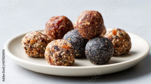 Healthy recipes of assorted energy balls on a plate, featuring various textures and colors.