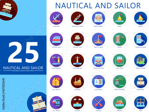 Nautical and sailor Rounded icons set. contain anchor, buoy, cruise ship, life jacket, pier, ocean, lighthouse, paddle, mainsail and more. Vector for UI or UX kit, web and app navy, transportation.