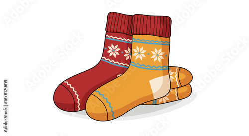 An inviting illustration showcasing two pairs of warm, patterned knitted socks, one red and one yellow, featuring charming snowflake designs, perfect for winter comfort.