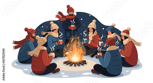 A diverse group of individuals huddles around a vibrant campfire, sharing warmth, laughter, and steaming mugs of cocoa during a festive winter night.