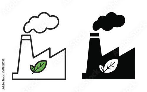Black and white factory icons with green leaf and smoke industry eco friendly
