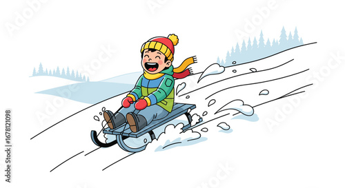 A cheerful young boy, warmly dressed in vibrant winter gear, happily sleds down a pristine snow-covered slope, enjoying the exhilarating thrill of a cold winter day.