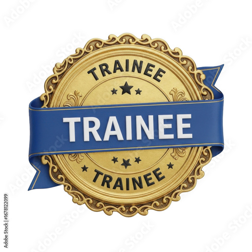 Gold seal badge with blue ribbon and trainee text isolated on transparent background