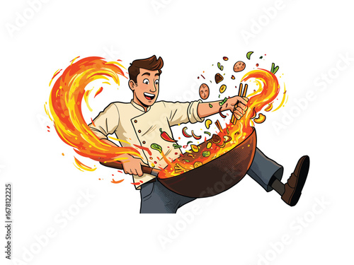 /output/uploadfile_A surprised man cooks, his wok ablaze with food, a fiery culinary delight.eps