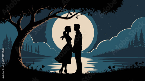 Romantic couple silhouetted under a tree, gazing at each other under a full moon and starry sky.