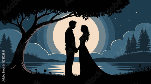 Silhouette couple holding hands under a moonlit tree, sharing a romantic moment outdoors.