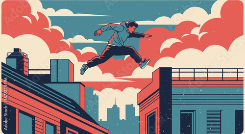 A gravity-defying leap across a retro cityscape. This stylized illustration captures the raw energy of parkour and the spirit of urban freedom with a bold, limited color palette