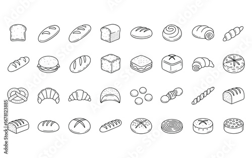 Outline icons of various breads pastries and baked goods on a white background bakery pastry