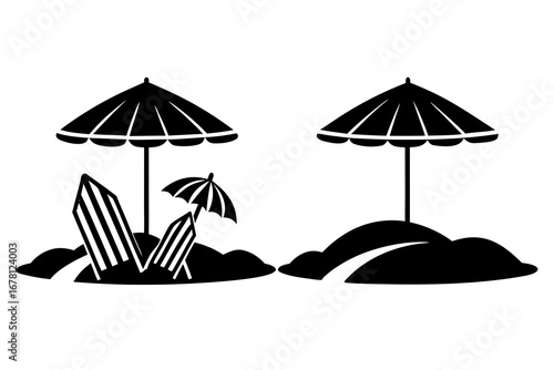 Beach holiday scene vector, sun umbrella and sand pile vector illustration