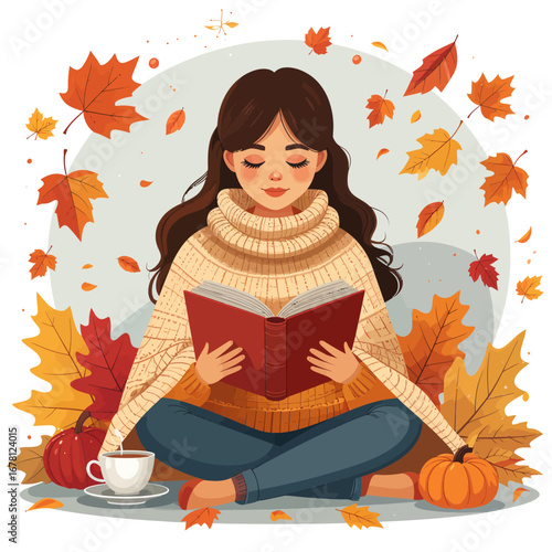 A young woman, serenely engrossed in reading a book, surrounded by autumn leaves and pumpkins.