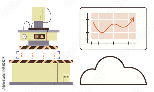 Industrial equipment with caution symbols, cloud outline, and a data chart showing positive growth. Ideal for technology, manufacturing, safety, data, cloud computing, innovation and progress