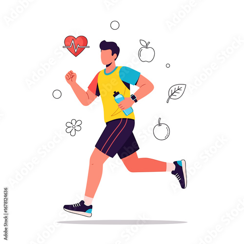 Healthy man jogging outdoors, carrying water bottle, maintaining fitness.