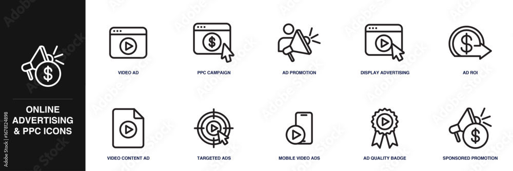 Naklejka premium Online Advertising and PPC Line Icon Set