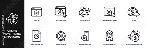 Online Advertising and PPC Line Icon Set