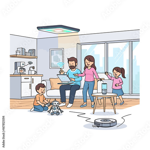 A family interacting with technology in their modern, well-lit living room.