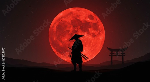 Silhouette of a Warrior Against a Red Moon, Fantasy Landscape