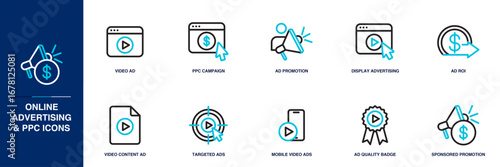 Online Advertising and PPC Blue Colored Outline Icon Set