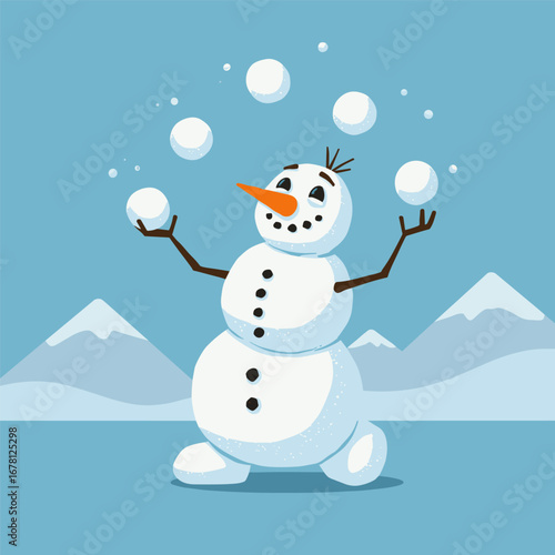 Cheerful snowman juggles six snowballs under a bright blue sky, bringing playful energy to a snowy mountain backdrop.