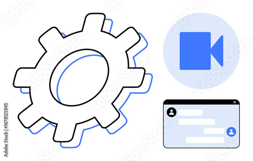 Gear representing settings, video call icon, and chat window symbolizing teamwork, communication, technology adaptation. Ideal for productivity, workflow, integration, remote work management simple