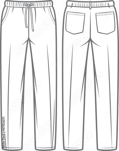 Front and back view of white drawstring sweatpants with pockets clothing apparel